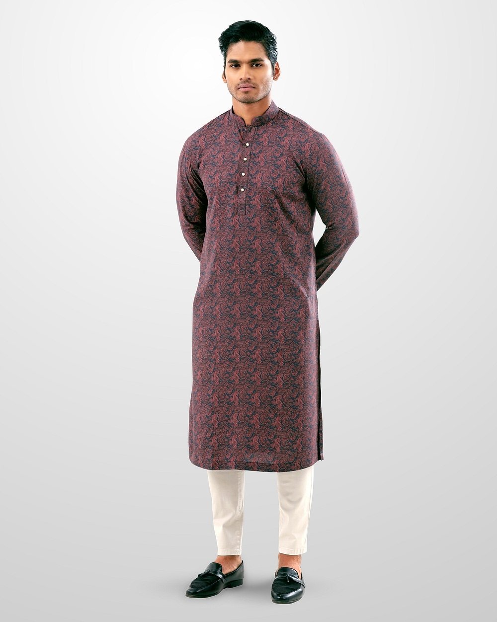 Men's Stylish Maroon Printed Panjabi  - 1