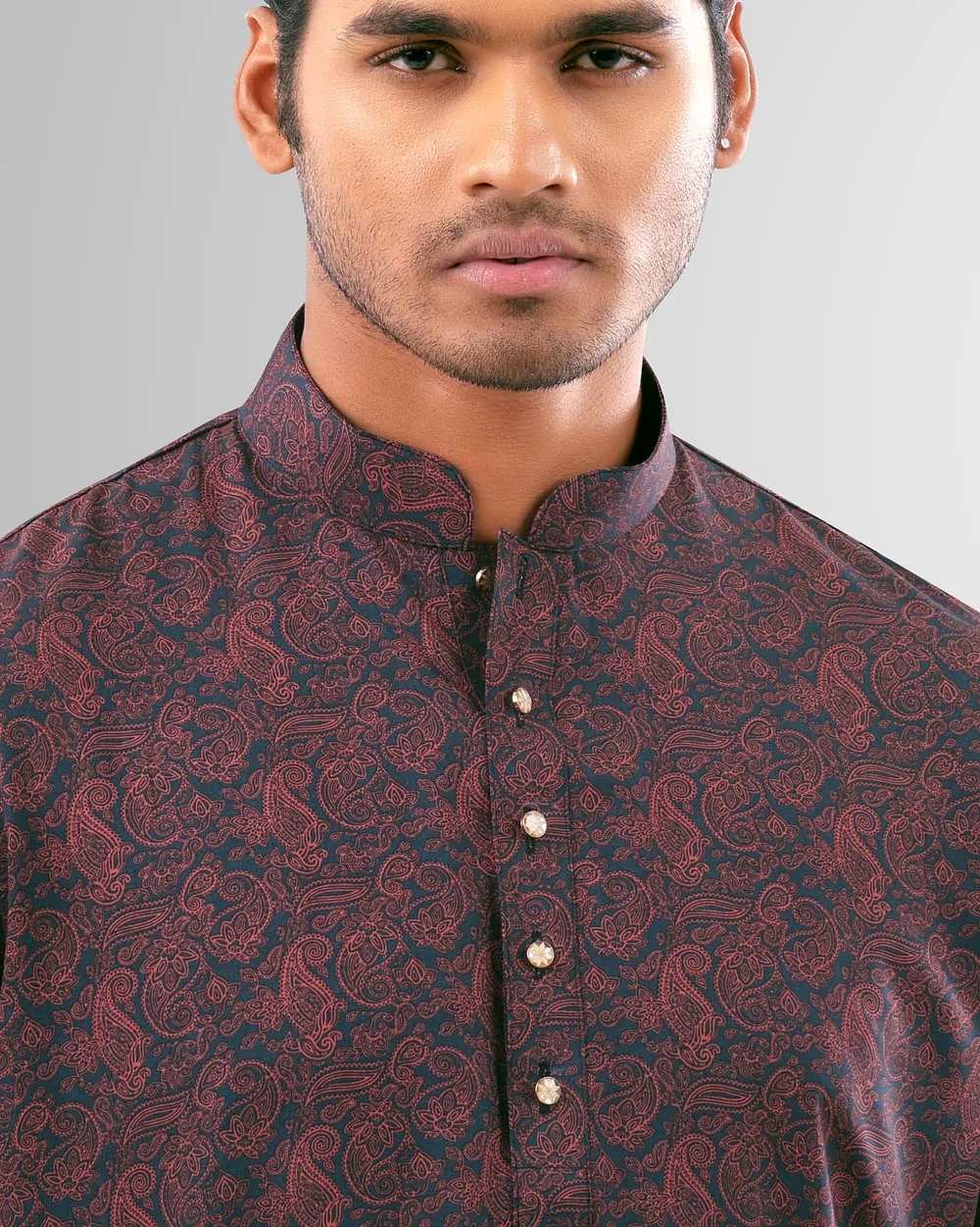 Men's Stylish Maroon Printed Panjabi  - 4