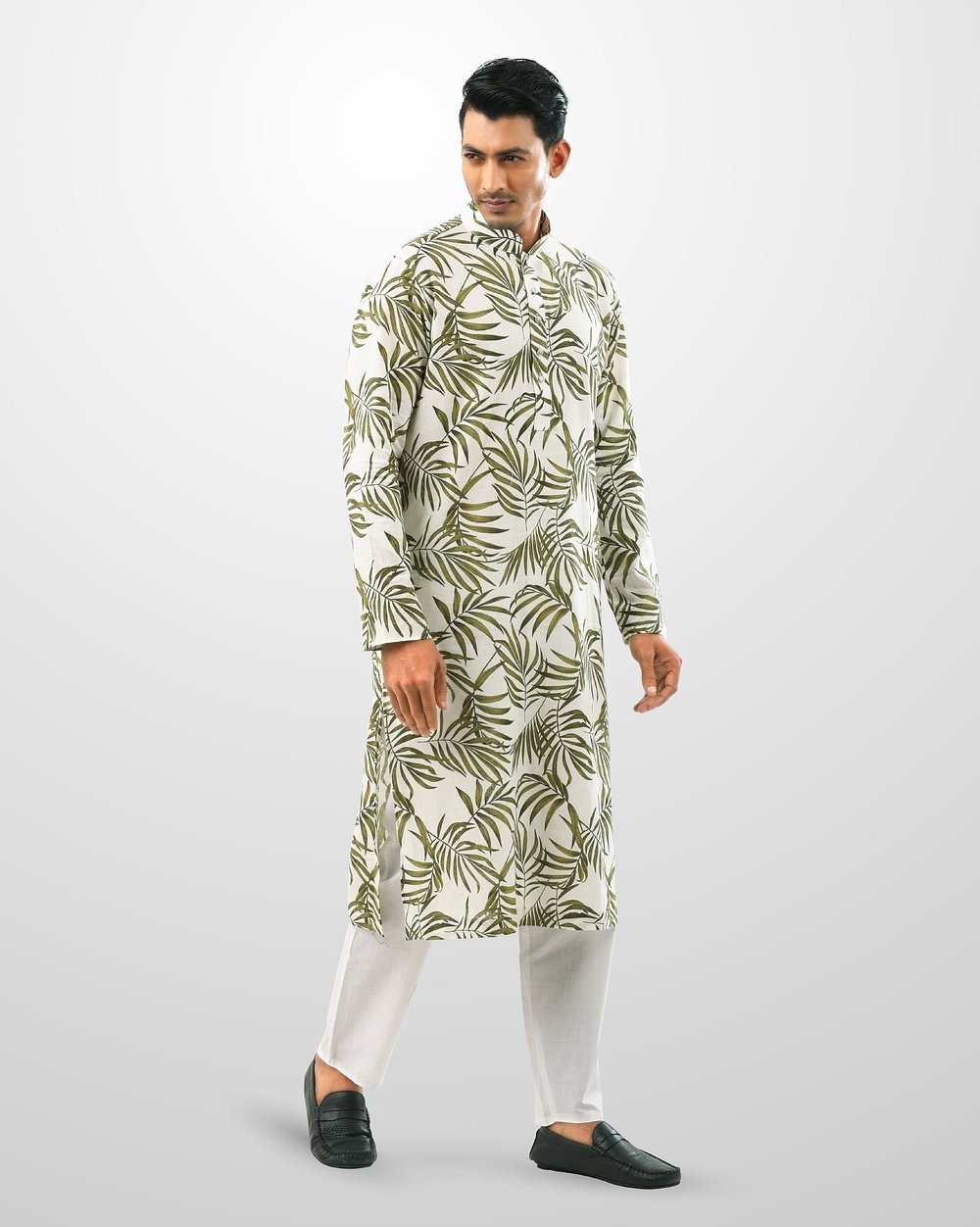 White & Olive Tropical Leaf Print Cotton Panjabi  - 2