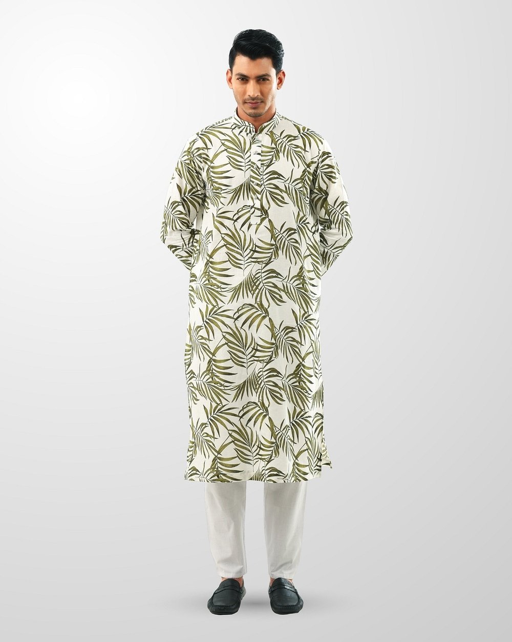 White & Olive Tropical Leaf Print Cotton Panjabi  - 1