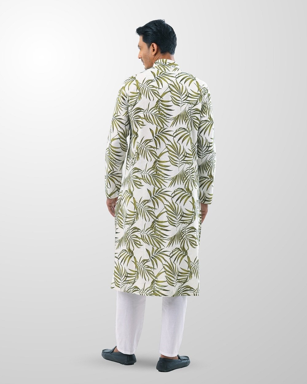 White & Olive Tropical Leaf Print Cotton Panjabi  - 3