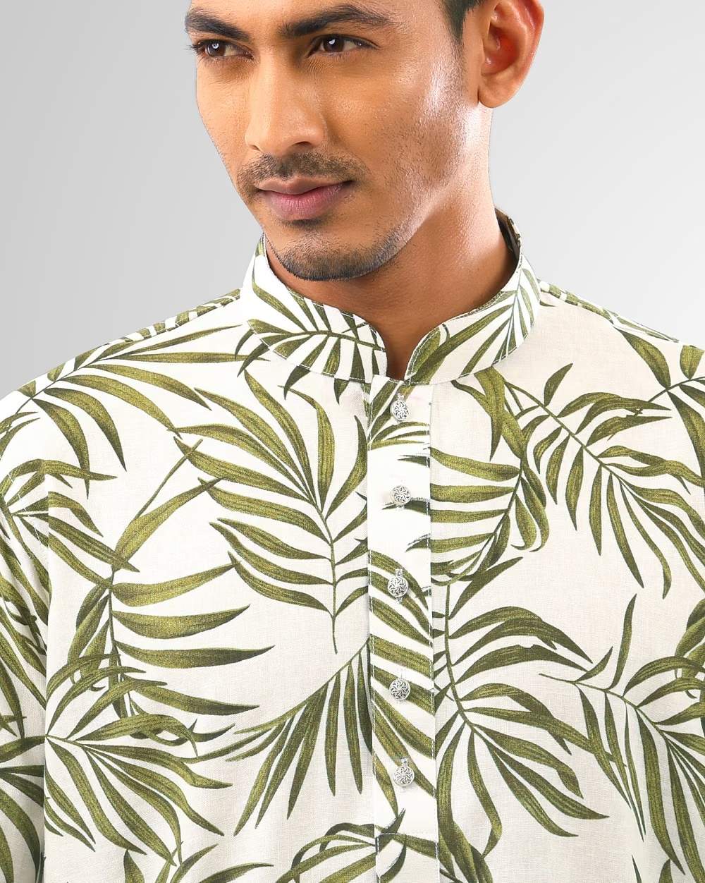 White & Olive Tropical Leaf Print Cotton Panjabi  - 4