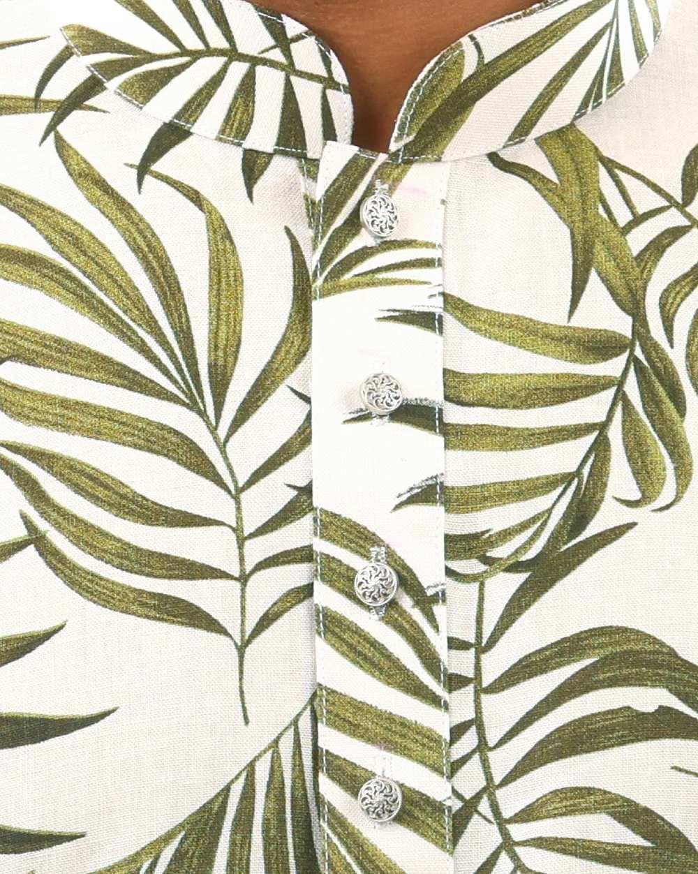 White & Olive Tropical Leaf Print Cotton Panjabi  - 5