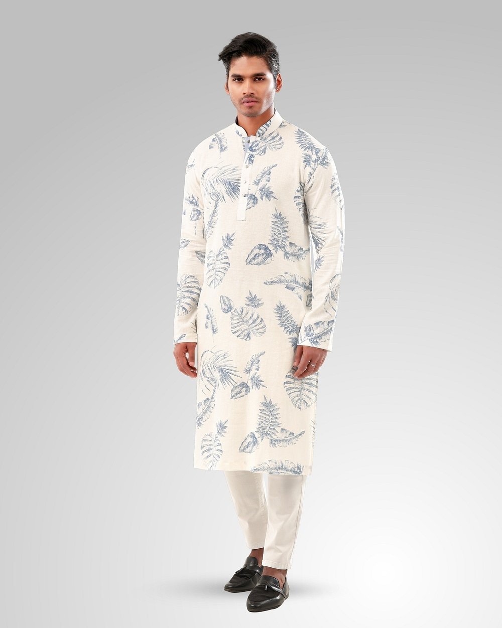 White & Blue Tropical Leaf Print Cotton Panjabi  - 1