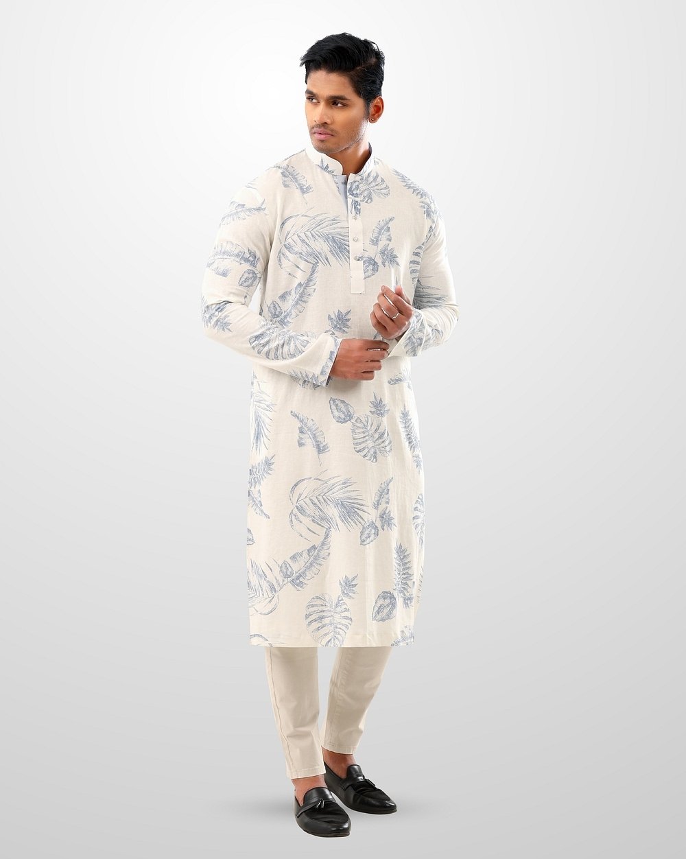 White & Blue Tropical Leaf Print Cotton Panjabi  - 2