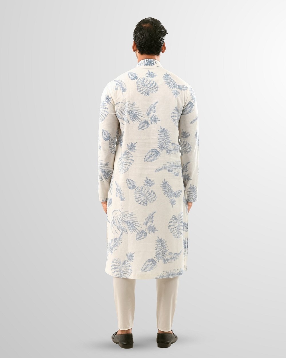 White & Blue Tropical Leaf Print Cotton Panjabi  - 3