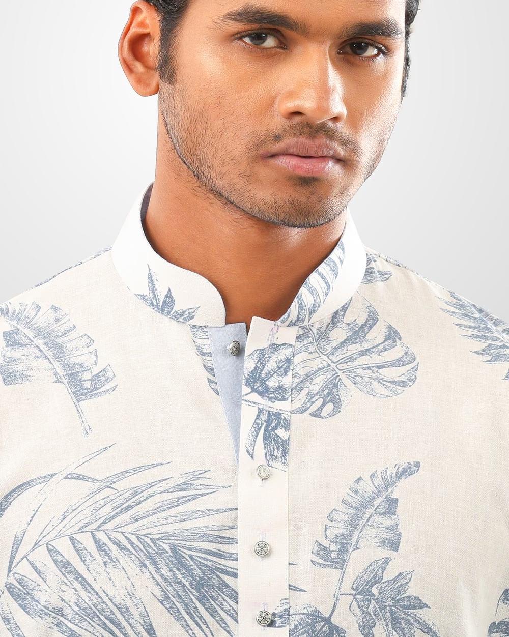 White & Blue Tropical Leaf Print Cotton Panjabi  - 4