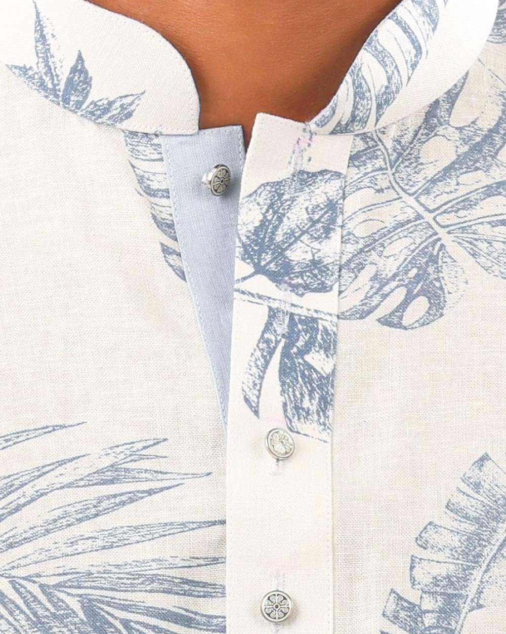 White & Blue Tropical Leaf Print Cotton Panjabi  - 5