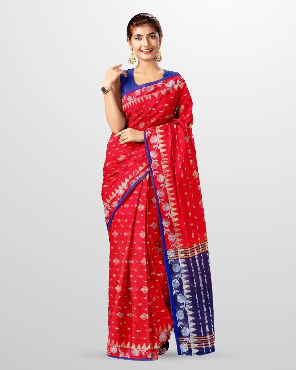 Red & Indigo Golden Border Saree