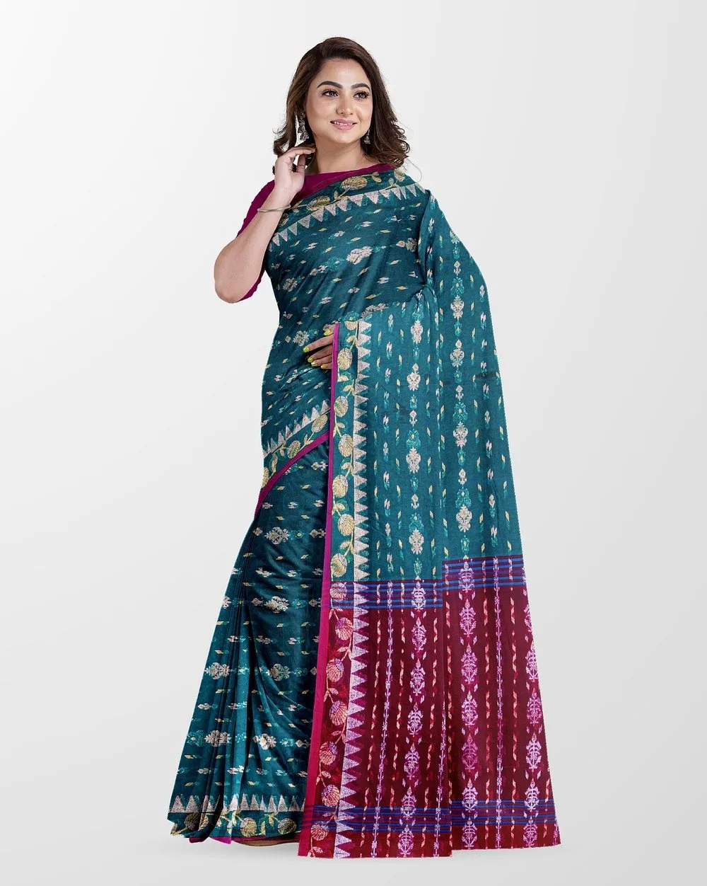 Teal Floral Motif Saree with Magenta Border